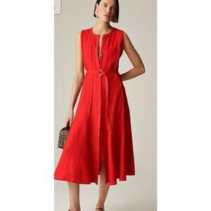 J. Crew Belted  Pleated Seemed Sleeveless Linen Midi Dress Sz XS #